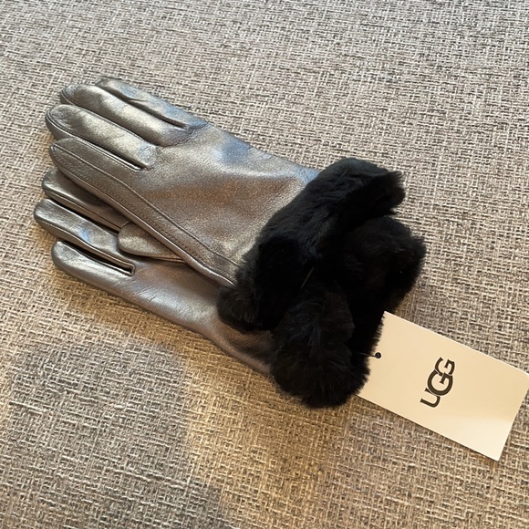 NWT UGG Silver Leather Gloves with Shearling Cuff - Picture 1 of 7